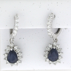 14k White Gold Blue Sapphire Center Stone Diamond Halo Hoop Earrings 4.81 Ctw
