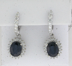 14k White Blue Diamond Center Stone Diamond Halo Dangling Hoop Earrings 6.15 Ctw