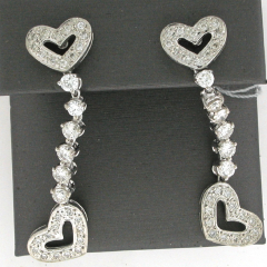 14k White Gold Round Cut Diamonds Dangling Heart Shape Screwback Earrings 1.05 Ctw 