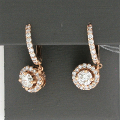 14k Rose Gold Round Cut Center Stone Diamond Halo Dangling Hoop Earrings 2.45 Ctw 