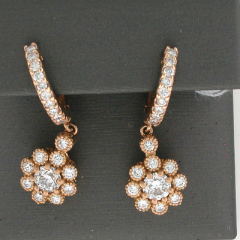 14k Rose Gold Round Cut Center Stone Diamond Halo Dangling Hoop Earrings 1.84 Ctw