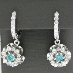 14k White Gold Blue Diamond Center Stone Diamond Halo Hoop Earrings 2.15 Ctw 
