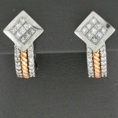 14k Two Tone Princess Cut Invisible Set and Round Cut Diamonds Omegaback Dangling Earrings 1.21 Ctw 