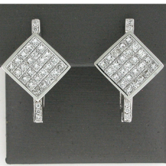 14k White Gold Princess Cut Invisible Diamond Set and Round Diamonds Omegaback Earrings 2.54 Ctw