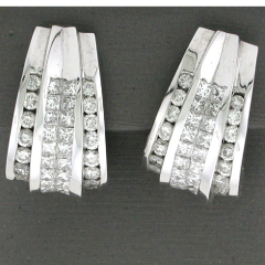 18k White Gold Princess Cut Invisible Set and Round Cut Channel Set Diamond leverback Earrings 4.17 Ctw 