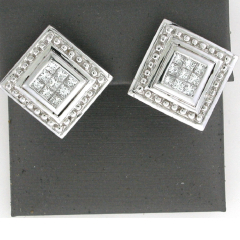 14k White Gold Princess Cut Invisible Diamond Set Omegaback Earrings 1.12 Ctw 