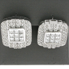 18k White Gold Princess Cut Invisible Set and Round Cut Channel Set Diamond leverback Earrings 2.91 Ctw