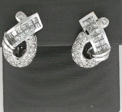 14k White Gold Princess Cut Invisible Diamond Set and Round Diamonds Omegaback Earrings 1.90 Ctw