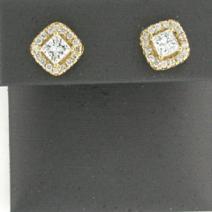 14k Yellow Gold Princess Center Cut Diamonds Halo Screwback Earrings 1.42 Ctw 