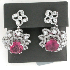 14k White Gold Pink Tourmaline Diamond Halo Dangling Screwback Earrings 9.52 Ctw 