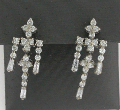 14k White Gold Round Cut Diamonds and Baguette Screwback Dangling Earrings 1.74 Ctw 