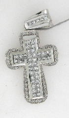 14k White Gold 2" Princess Cut Invisible Diamond Set and Round Cut Diamonds Cross Pendant 2.94 Ctw 