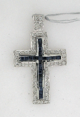14k White Gold 1 3/4" Blue Sapphire Princess Cut Channel Set and Round Cut Diamonds Cross Pendant 1.95 Ctw 
