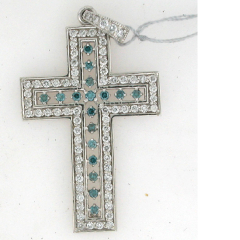 14k White Gold 2" Blue Treated Round Cut Diamonds and White Round Cut Diamonds Cross Pendant 1.86 Ctw 