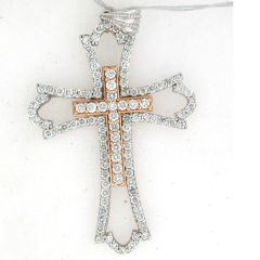 14k Two Tone 2" Round Cut Channel Set Diamonds Cross Pendant 2.30 Ctw 