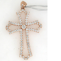 14k Rose Gold 1 3/4" Round Cut Diamonds with a Round Cut Center Stone in the middle Cross Pendant 1.70 Ctw 