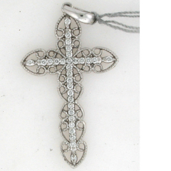 14k White Gold 1 3/4"  Round Cut Diamonds Cross Pendant 0.54 Ctw