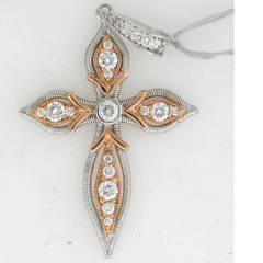 14k Two Tone 1 3/4" Round Cut Diamonds with a Round Cut Center Stone in the middle Cross Pendant 0.93 Ctw 