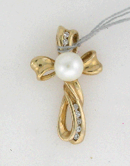 14k Soli Yellow Gold 1" Round Cut Diamond Channel set with a Pearl in the center Cross Pendant 0.12 Ctw 