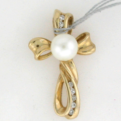14k Soli Yellow Gold 1" Round Cut Diamond Channel set with a Pearl in the center Cross Pendant 0.12 Ctw 