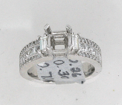 14k White Gold Semi Mount Princess Cut Channel Set and Round Cut Diamonds and Two Side Baguettes Engagement Ring 1.29 Ctw 