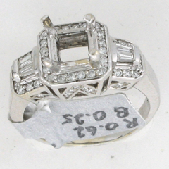 14k White Gold Semi Mount Round Cut Diamonds and Two Side Baguettes Halo Engagement Ring 0.87 Ctw 