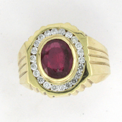 14k Solid Yellow Gold Men's Round Cut Ruby Center Diamond Halo Wedding Band 4.30 Ctw 