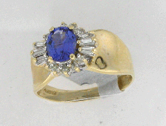 14k Solid Yellow Gold Oval Shape Tanzanite Center Stone with Round Cut Diamonds and Baguette Ring 1.52 Ctw
