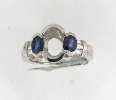 14k White Gold Semi Mount Two Side Oval Shape Blue Sapphired and Diamond Baugettes Ring 1.43 Ctw 