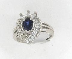 14k White Gold Pear Shape Blue Sapphire Center stone with Round and Marquise Diamond Cut and Diamond Baguette Ring 2.10 Ctw 