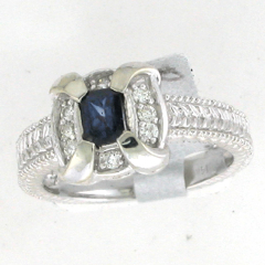 14k White Gold Emerald Shape Blue Sapphire Center Stone Diamond Halo Ring 0.69 Ctw 