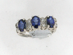14k White Gold Three Stone Oval Shape Blue Sapphired Round Cut Diamonds Annivarsary Band 1.87 Ctw 