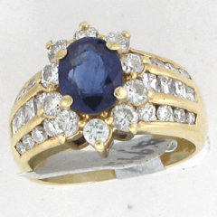 14k Solid Yellow Gold Oval Shape Blue Sapphire Diamond Halo with Round Cut Diamonds and Diamond Baguettes Ring 2.50 Ctw 