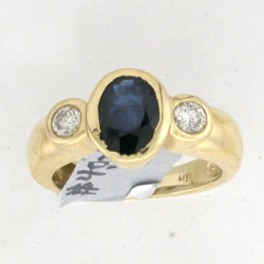 14k Solid Yellow Gold Oval Shape Blue Sapphire with Two Side Roubd Cut Bezel Set Ring 1.60 Ctw 