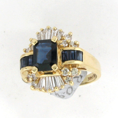 14k Solid Yellow Gold Emerald Shape Blue Sapphire with Round Cut Diamonds and Diamond Baguettes Ring 3.26 Ctw 