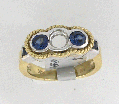 14k Two Tone Semi Mount Bezel Set with Two Side Round Shape Blue Sapphires and Two Princess Cut Blue Sapphires Annivsarsary Band 1.15 Ctw 