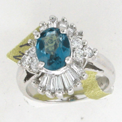 14k White Gold Oval Shape Blue Zircon Center Stone with Round Cut Diamonds and Diamond Baguettes Halo Ring 2.52 Ctw 