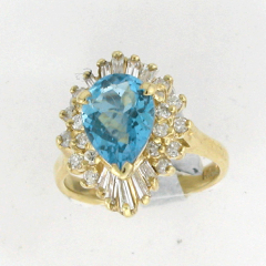 14k Solid Yellow Gold Pear Shape Blue Zircon Center Stone with Round Cut Diamonds and Diamond Baguettes Diamond Halo Ring 0.59 Ctw  