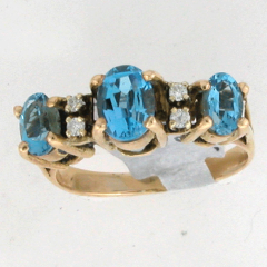 14k Solid Yellow Gold Three Stone Oval Shape Blue Topaz Round Cut Diamonds Annivsarsary Band 3.14 Ctw 