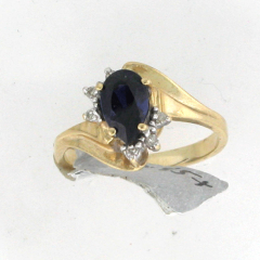 14k Solid Yellow Gold Pear Shape Blue Sapphire Round Cut Diamonds Ring 1.15 Ctw 