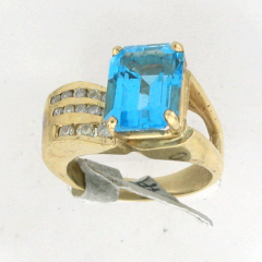 14k Yellow Gold Emerald Cut Blue Topaz Center Stone Round Cut Channel Set Diamond Ring 3.44 Ctw 