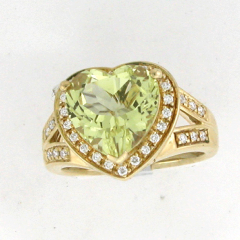14k Solid Yellow Gold Hear Shape Peridot Center Stone Round Cut Diamonds Split Shank Ring 3.67 Ctw 