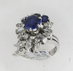 14k White Gold Round Shape Blue Sapphire with Round Cut Diamonds and Diamond Baugettes Ring 4.50 Ctw 