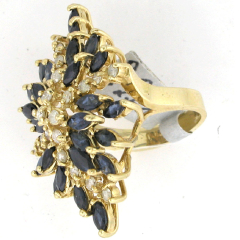14k Solid Yellow Gold Marquise Shape Blue Sapphired and Round Cut Diamonds Ring 3.10 Ctw 
