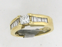 14k Solid Yellow Gold Princess Cut Diamond Center Stone with Diamond Baguettes Channel Set Engagement Ring 1.20 Ctw  