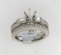 14k White Gold Semi Mount Two Side Diamond Baguettes with Round Cut Diamonds Wedding Set 0.81 Ctw 