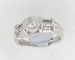 18k White Gold Round Cut Center Diamond Center Stone Diamond Baguette Channel Set Engagement Ring  0.66 Ctw 