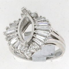 14k White Gold Semi Mount Round Cut and Diamons Baguette Diamonds Halo Ring 1.21 Ctw 