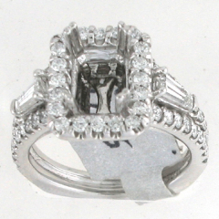 14k White Gold Semi Mount Round Cut Diamonds with Two Side Diamond Baguettes Split Shank Halo Engagement Ring 1.27 Ctw 