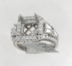 14k White Gold Semi Mount Round Cut Diamonds with Three Diamond Baguettes Halo Split Shank Ring 1.43 Ctw 